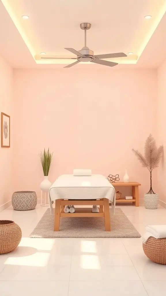 A serene massage room with soft pink walls and natural decor.