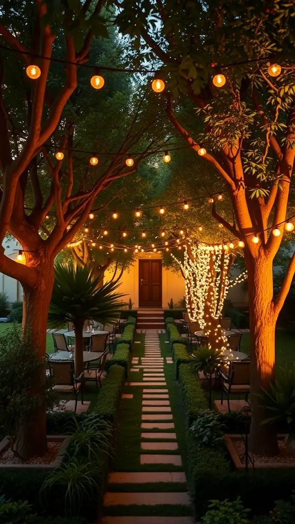 25+ Stunning Italian Garden Ideas for Your Outdoor Space 11 An Italian garden beautifully lit with string lights and lanterns for evening gatherings.