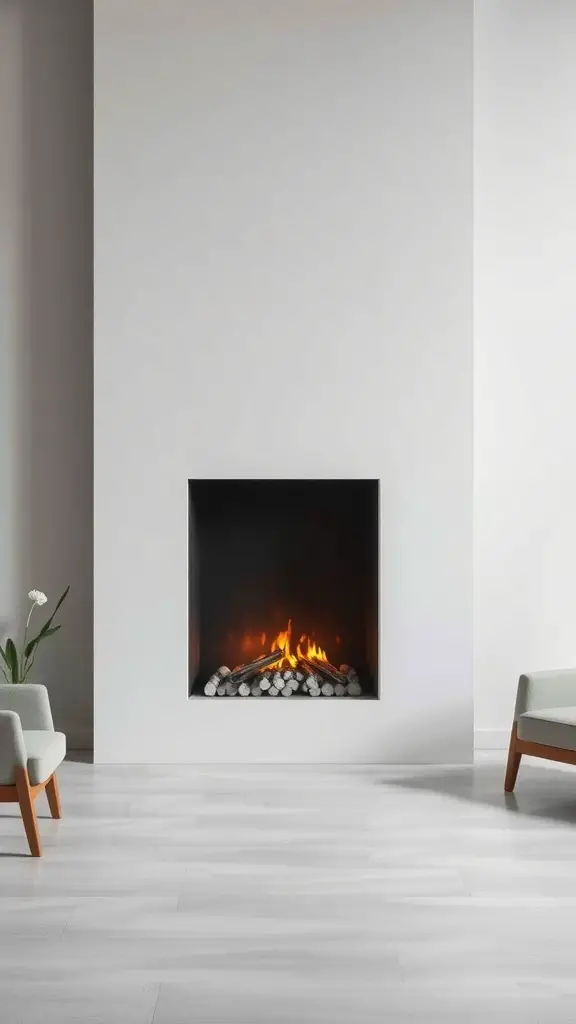 25+ Cozy Living Room Fireplace Ideas for a Warm Atmosphere 2 A modern minimalist fireplace design with a black frame and smooth stones, set against a white wall.