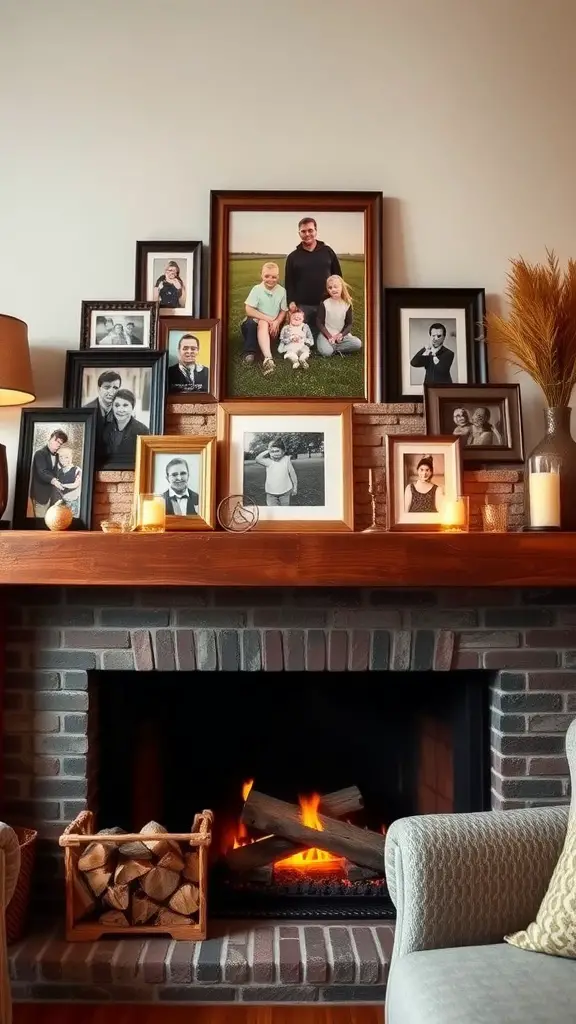 27+ Stylish Fireplace Decor Ideas You’ll Love 6 A fireplace mantel decorated with family photos in various frames and decorative plants.