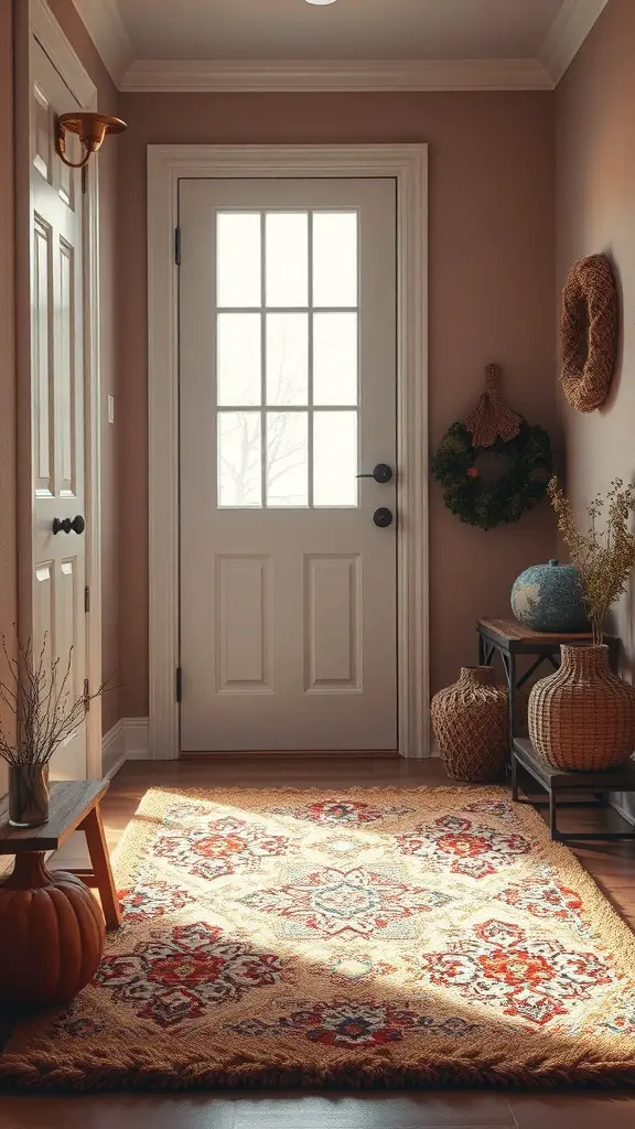 A cozy entryway featuring a textured rug with warm colors, a pumpkin, and decorative baskets.