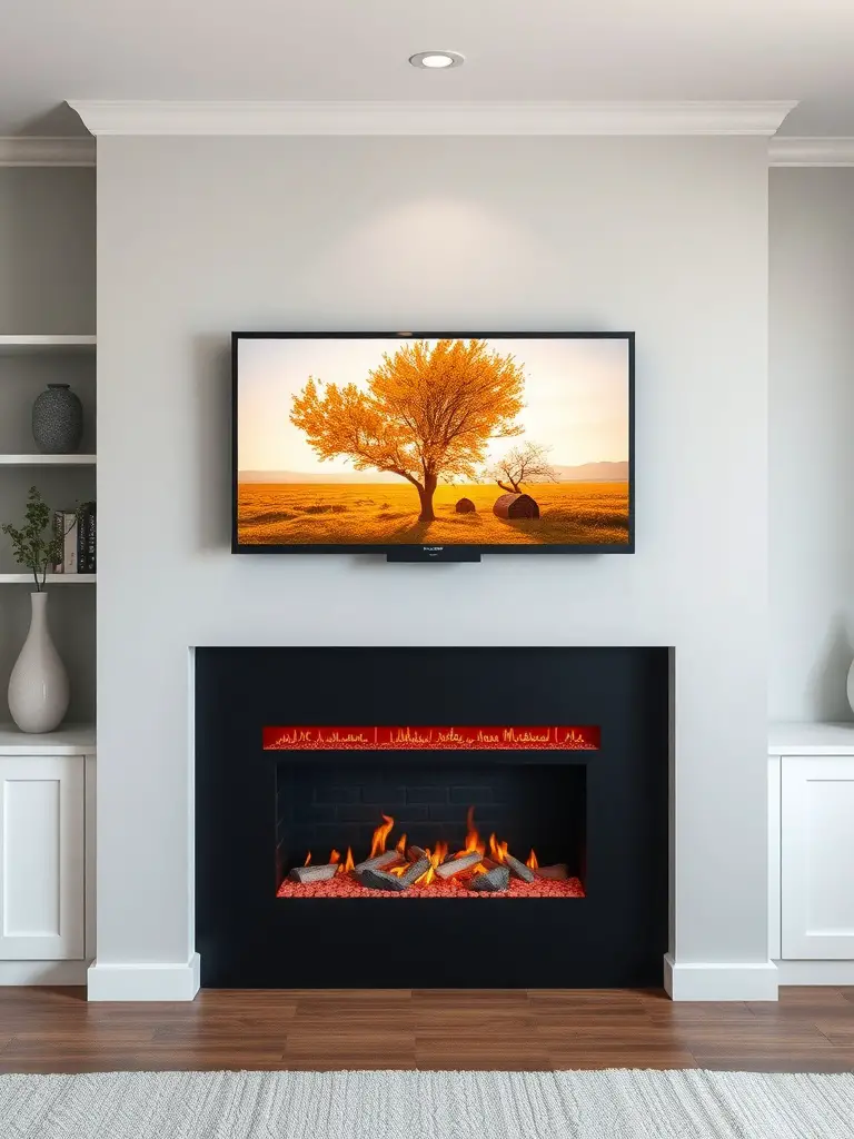 21+ Stunning Electric Fireplace Wall Ideas to Transform Your Space 9 A modern living room featuring an electric fireplace with a TV mounted above it, showcasing a cozy and stylish design.