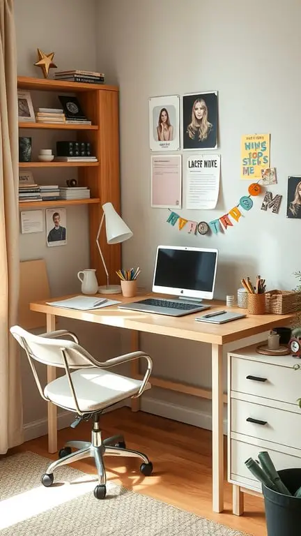 17 Stylish Small Dorm Room Ideas for Limited Spaces 4 A stylish and functional desk setup in a small dorm room, featuring a light wood desk, laptop, lamp, stationery, and inspiring wall decor.