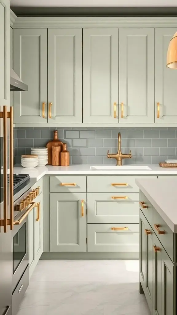 29+ Stunning Sage Green Kitchen Ideas to Transform Your Space 6 A kitchen featuring sage green cabinets with gold hardware and a light countertop.