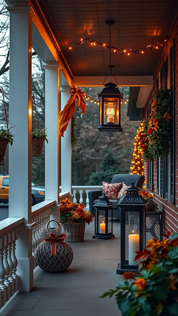 23 Vintage Fall Decor Ideas to Warm Your Home 4 A cozy porch decorated with antique lanterns, fall flowers, and warm lighting.