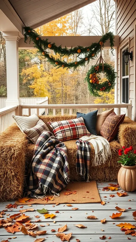 27+ Cozy Fall Porch Decorating Ideas to Try This Season 5 A cozy fall porch with hay bale seating, colorful pillows, and autumn decorations.