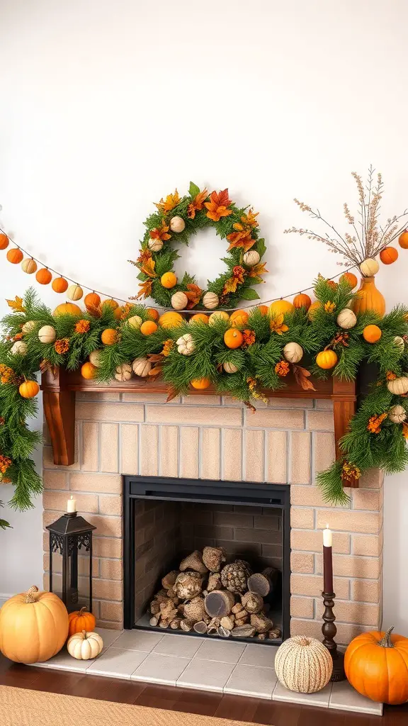 21+ Cozy Fall Decor Ideas from Hobby Lobby 7 Thanksgiving-themed garland with pumpkins and leaves on a mantel