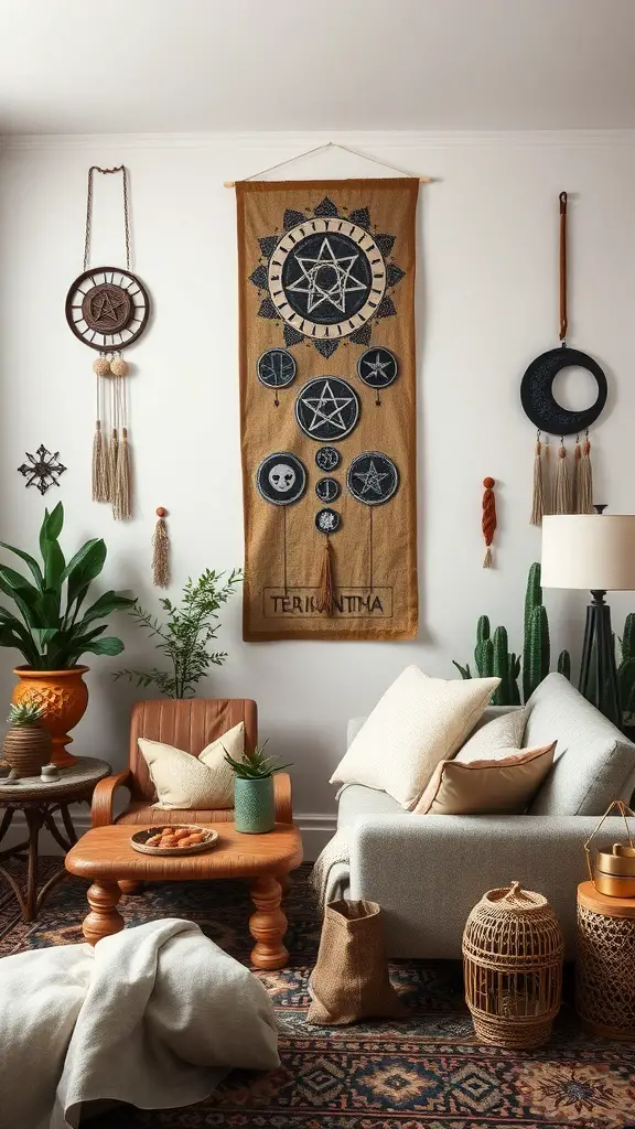31+ Magical Decor Ideas for a Witchy Living Room 16 A witchy living room featuring a tapestry with spiritual symbols on the wall, cozy furniture, and plants.