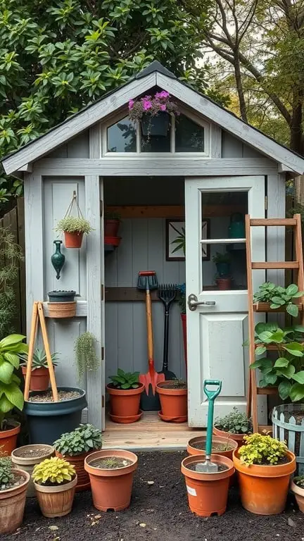 15 Creative DIY Shed Plans for Your Backyard Oasis 10 A cozy potting shed with potted plants and gardening tools outside.