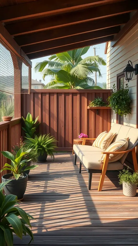 19+ Creative Privacy Wall Ideas for Your Deck 6 A cozy deck featuring a privacy wall, comfortable seating, and lush plants.