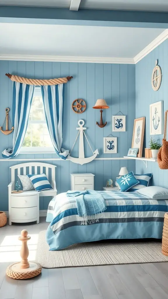 A playful blue and white nautical themed bedroom with striped curtains, nautical decor, and cozy bedding.