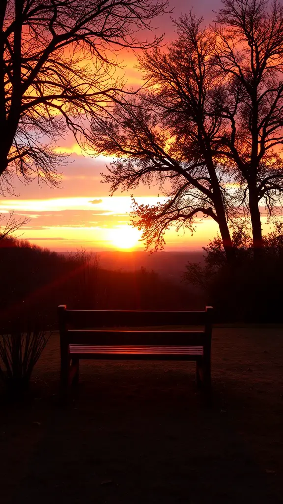 23+ Enchanting Cottage Core Backyard Ideas to Transform Your Outdoor Space 13 A wooden bench facing a colorful sunset with trees silhouetted against the sky.