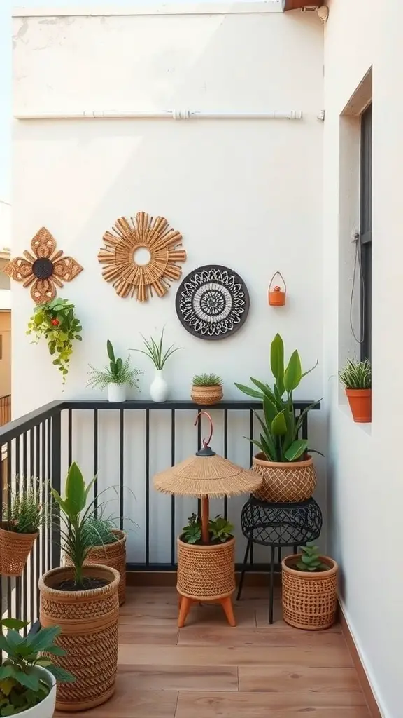 23+ Stylish Apartment Balcony Ideas for Your Outdoor Oasis 20 A stylish balcony with artistic wall decor and various plants.