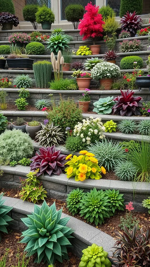 19+ Inspiring Terraced Landscaping Ideas for Your Outdoor Space 16 A beautifully arranged terraced garden with various plants in pots and directly in the soil, showcasing vibrant colors and textures.