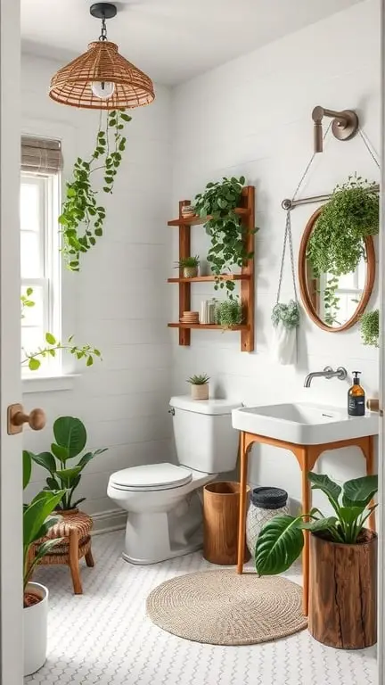 31+ Inspiring Farmhouse Bathroom Ideas You’ll Love 6 A nature-inspired farmhouse bathroom with plants, wooden decor, and a bright atmosphere.