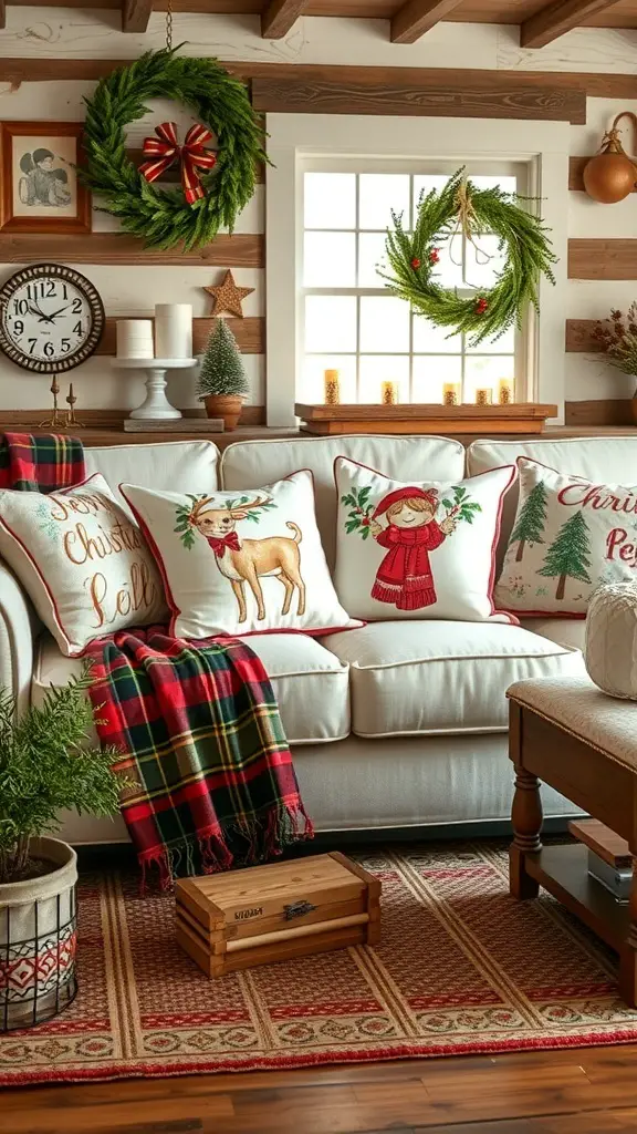 A cozy sofa with holiday-themed pillows, featuring festive phrases and patterns.
