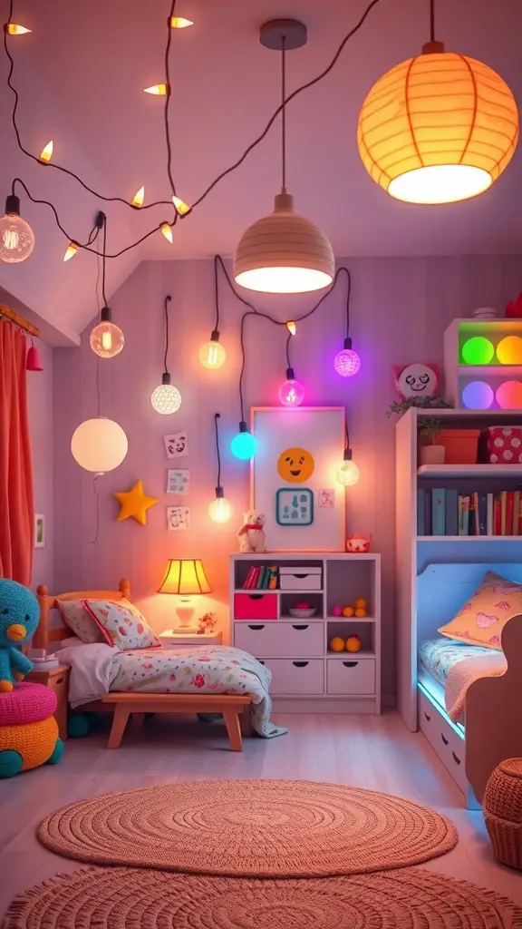 21+ Creative Kids Room Interior Design Ideas for Every Style 6 A cozy kids room with various creative lighting options, including string lights and colorful lamps.