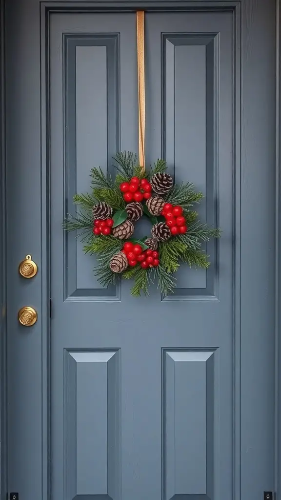A decorative Christmas wreath with pinecones and red berries on a blue front door.