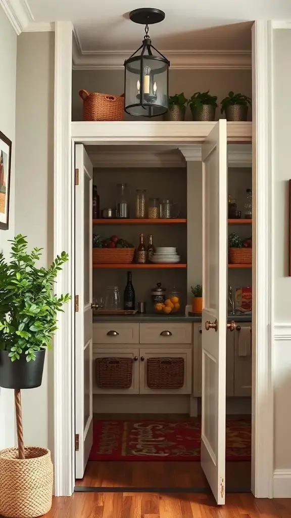A stylish butler's pantry with wooden shelves, a light fixture, and decorative plants.