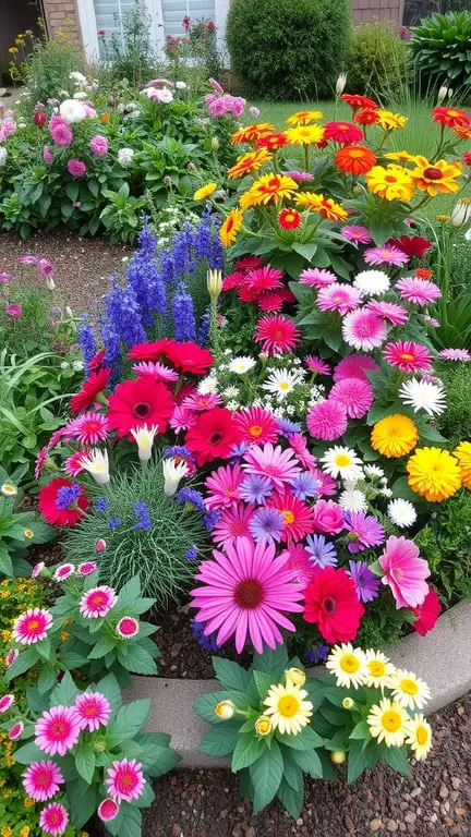 19+ Stunning Tiered Garden Ideas to Elevate Your Outdoor Space 13 A vibrant tiered flower bed featuring a mix of colorful flowers such as pink daisies, yellow gerberas, and blue delphiniums.