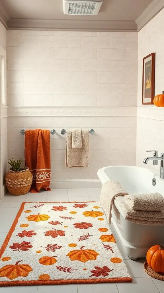 27+ Cozy Fall Bathroom Decor Ideas to Refresh Your Space 8 A cozy bathroom decorated for fall with a colorful bath mat, warm towels, and seasonal decor.