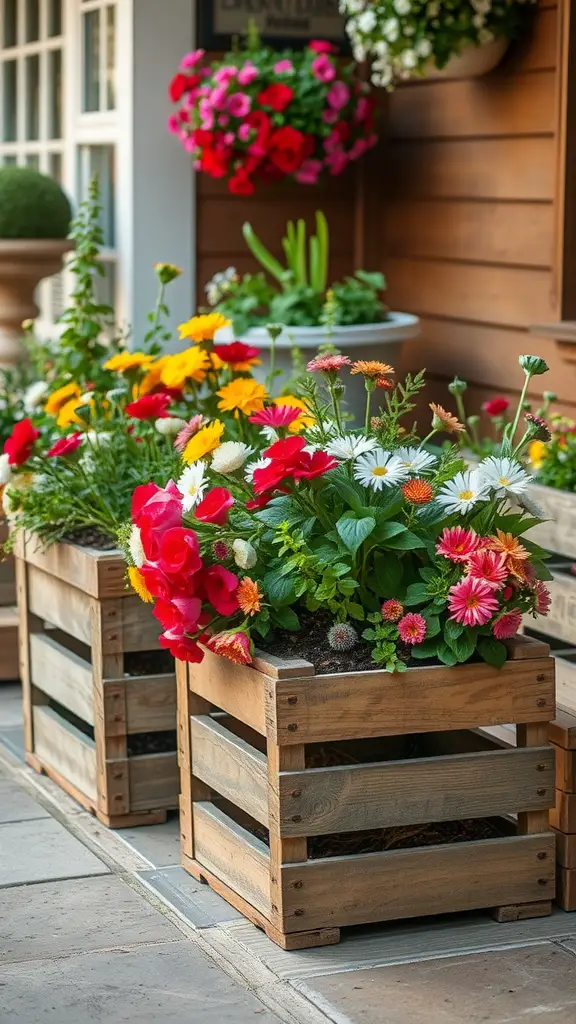 25+ Unique Plant Pot Designs You Need to Try 14 Two vintage wooden crates filled with colorful flowers, placed on a patio.