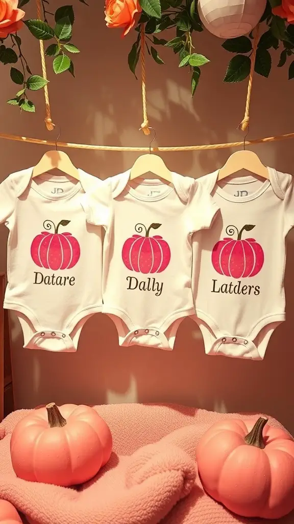 20+ Adorable Pink Pumpkin Baby Shower Ideas 12 Three personalized pink pumpkin onesies hanging on a display