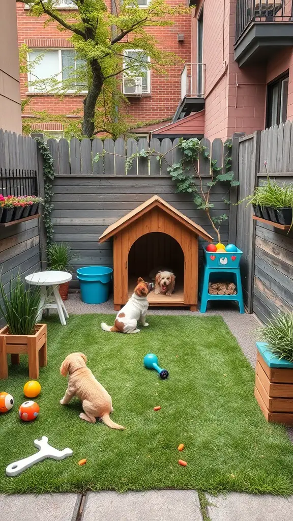 23+ Creative Small City Backyard Ideas for Your Outdoor Space 6 A small city backyard designed as a pet-friendly play area with dogs, a doghouse, and colorful toys.