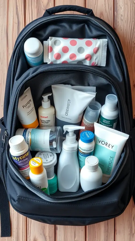 A backpack filled with various personal hygiene products, including lotions, shampoos, and wipes.