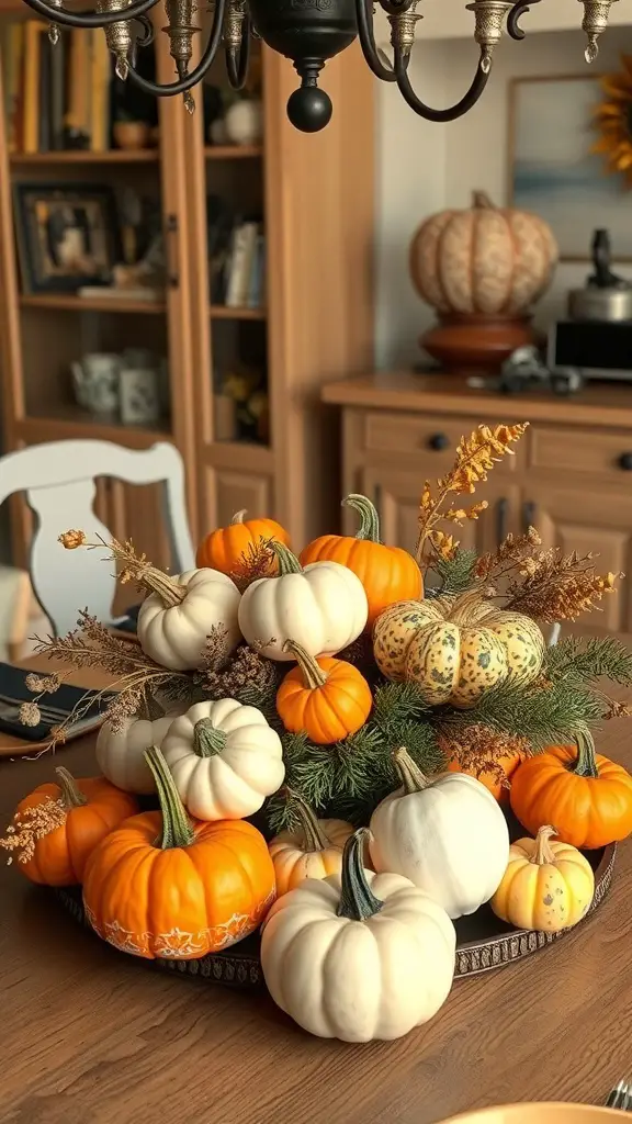 23+ Creative Fall Crafts to Sell This Season 13 A beautiful arrangement of pumpkins and gourds on a wooden table, showcasing various colors and sizes, with dried flowers and greenery.