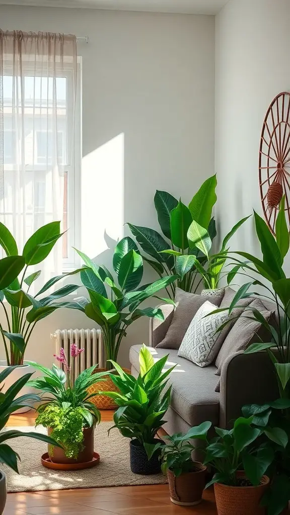 A cozy living room filled with various indoor plants surrounding a comfortable couch.