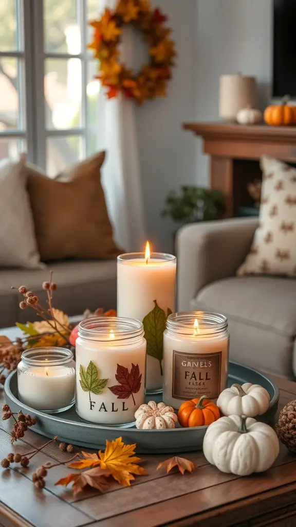 21+ Cozy Fall Decor Ideas from Hobby Lobby 16 A cozy fall candle arrangement with pumpkins and autumn leaves.