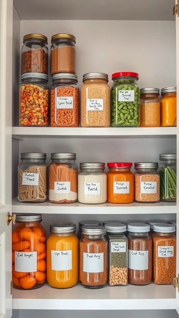 17+ Stylish DIY Pantry Shelf Ideas to Organize Your Space 12 Organized pantry shelves with labeled glass jars containing various ingredients.