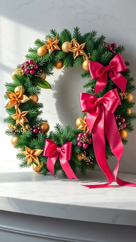 A festive wreath featuring fuchsia bows, gold ornaments, and greenery.