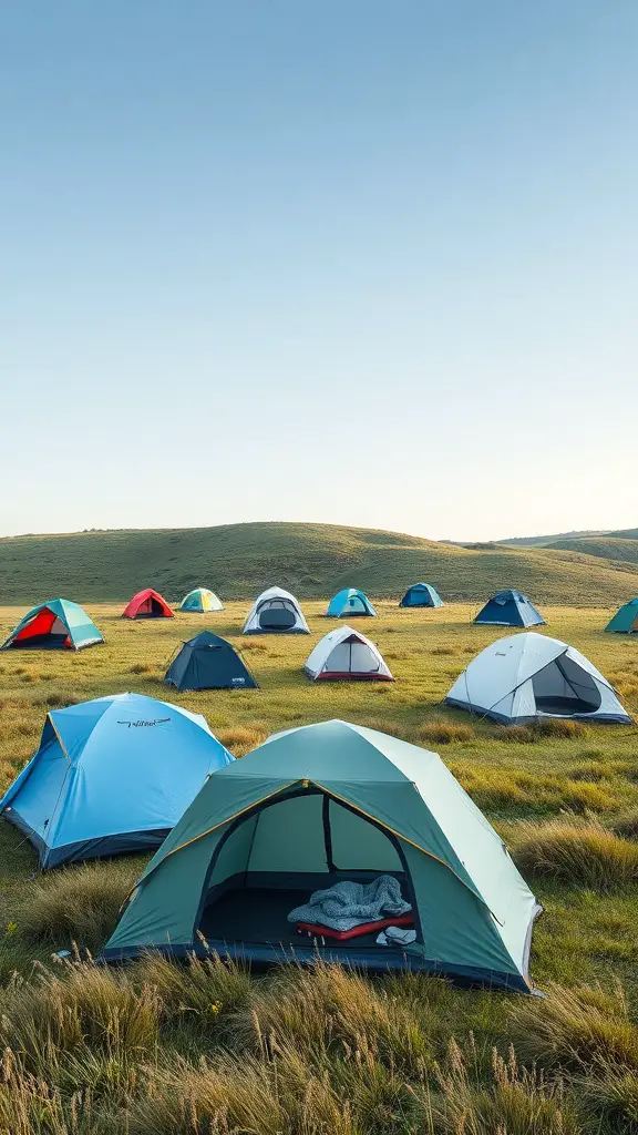 25+ Creative Tent Camping Setup Ideas for Your Next Adventure 10 A variety of tents set up in a grassy field under a clear blue sky.