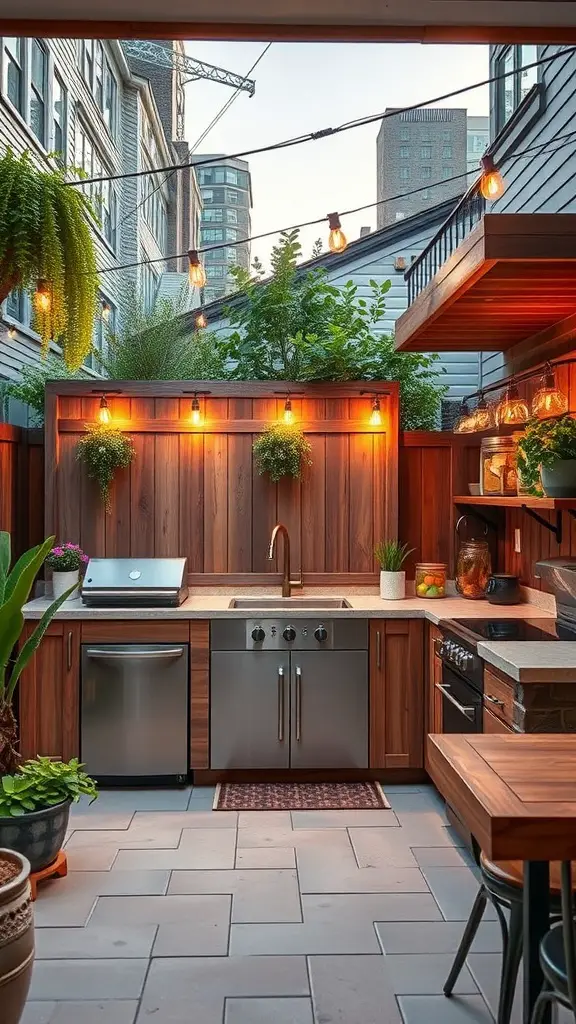 23+ Inspiring Backyard Kitchen Ideas to Elevate Your Outdoor Cooking Experience 13 A modern backyard kitchen featuring smart technology and cozy lighting.