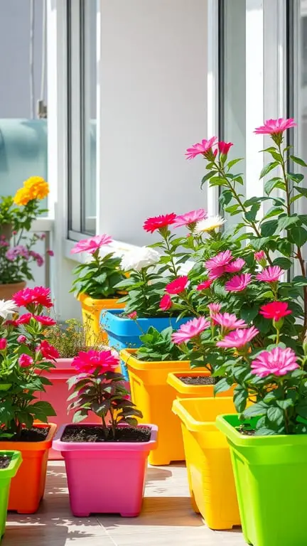 21 Creative Container Garden Ideas for Small Spaces 14 A vibrant collection of plastic flower pots in various colors filled with blooming flowers.