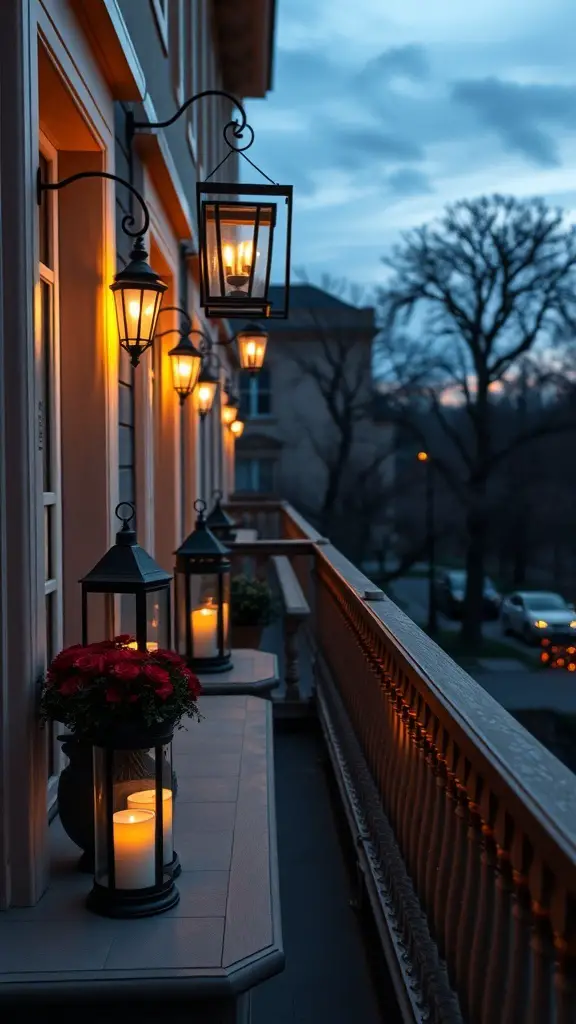 A balcony decorated with hanging lanterns and candles, creating a warm and inviting atmosphere.