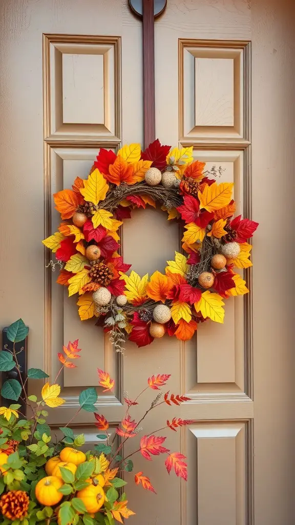 21+ Cozy Fall Decor Ideas from Hobby Lobby 5 A colorful harvest-themed wreath made of orange, red, and yellow leaves, adorned with pinecones and decorative balls, hanging on a door.