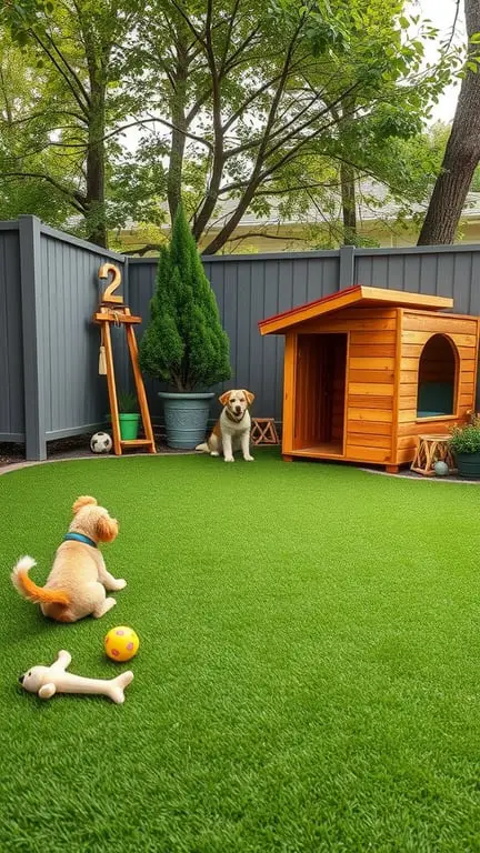17+ Inspiring Turf Backyard Ideas for a Gorgeous Outdoor Space 9 A pet-friendly backyard with turf, featuring two dogs, a doghouse, and decorative plants.