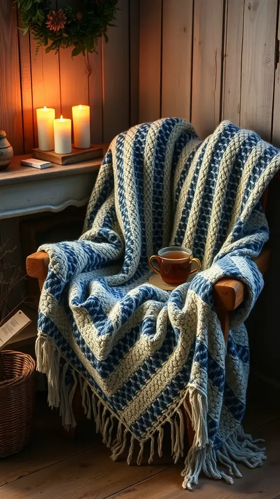 23+ Cozy Fall Crochet Ideas You’ll Love 10 A cozy crochet blanket draped over a chair, with a cup of tea and candles in the background.