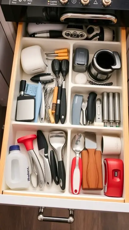 21 Creative Kitchen Appliance Storage Solutions You Need to Try 9 A well-organized kitchen drawer with various utensils and gadgets neatly arranged in compartments.