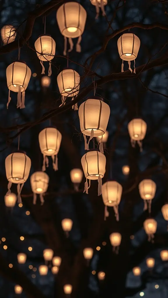 23+ Spooky DIY Outdoor Halloween Decorations to Enchant Your Yard 6 A tree decorated with glowing ghost lanterns hanging from its branches, creating a spooky atmosphere.