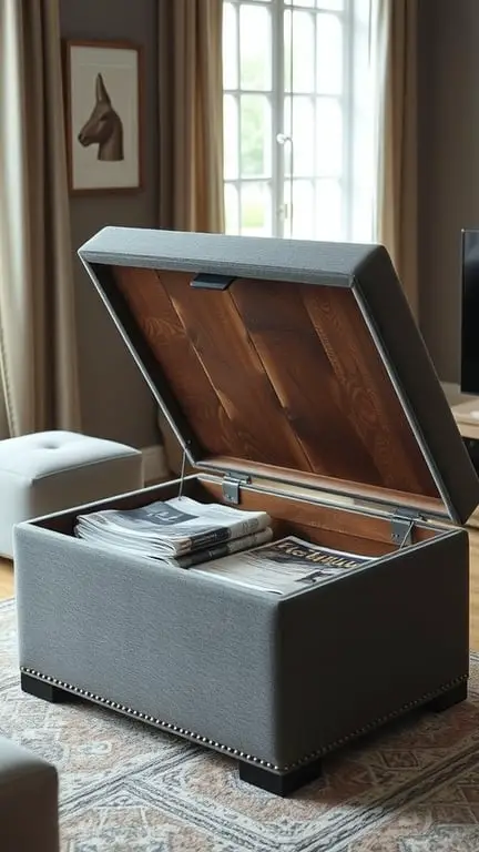 25 Creative Storage Ideas for Small Spaces 16 A gray ottoman with a lifted lid, revealing storage space inside, placed in a cozy room.