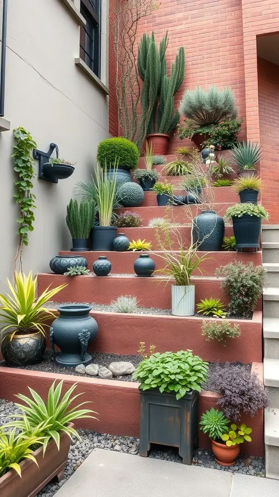 19+ Inspiring Terraced Landscaping Ideas for Your Outdoor Space 12 A terraced garden with various plants in pots, showcasing a beautiful arrangement on steps.