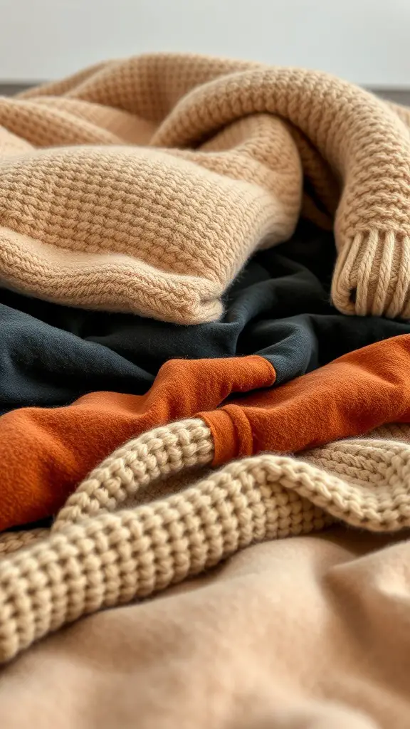 33+ Cozy Fall Bedroom Decor Ideas to Transform Your Space 5 A cozy arrangement of layered blankets in warm tones, showcasing different textures.