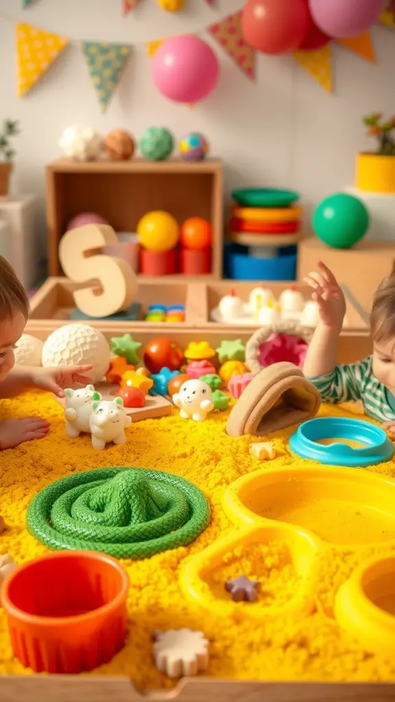 19+ Fun and Creative 1st Birthday Party Ideas for Your Little One 9 Children playing at a sensory play station with colorful materials and toys.