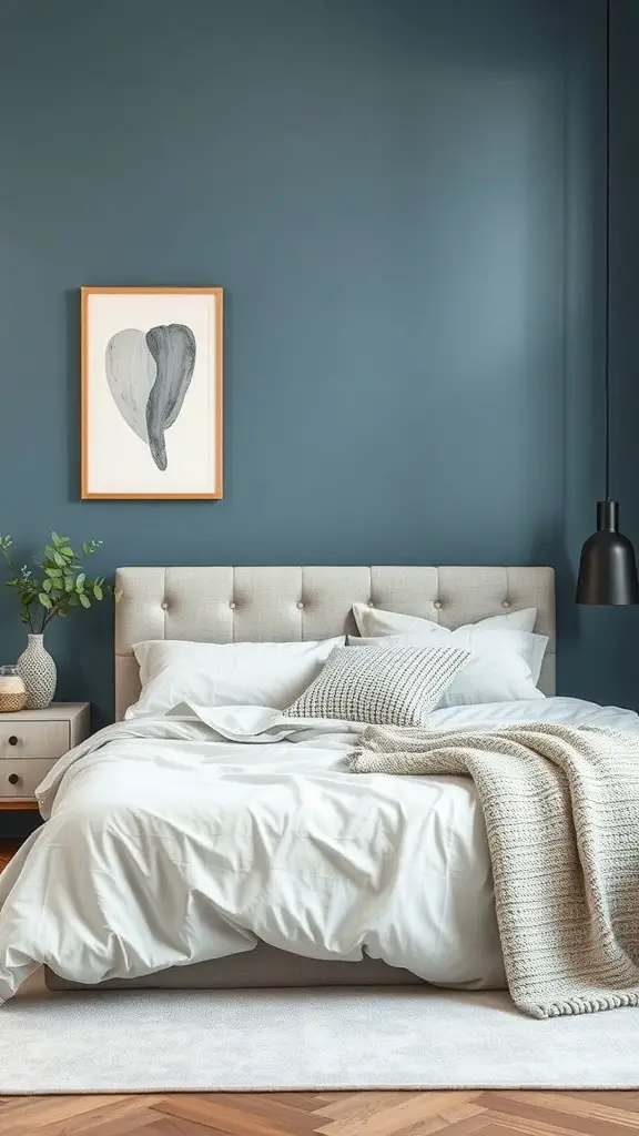 23+ Stunning Dusty Blue Bedroom Ideas to Transform Your Space 3 A cozy bedroom featuring a dusty blue accent wall, white bedding, and simple artwork.