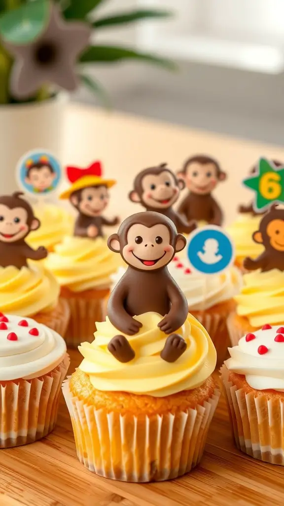 23+ Creative Curious George Birthday Party Ideas for a Fun Celebration 13 Curious George themed cupcakes with monkey decorations and yellow frosting