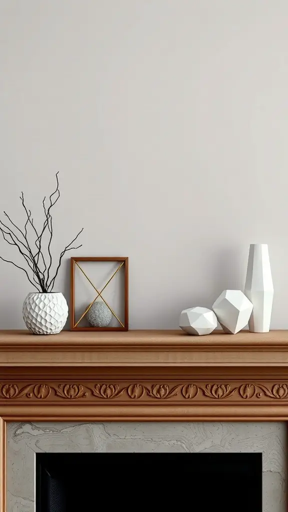 27+ Stylish Fireplace Decor Ideas You’ll Love 11 A modern fireplace mantel decorated with geometric accents, including white vases and a decorative frame.